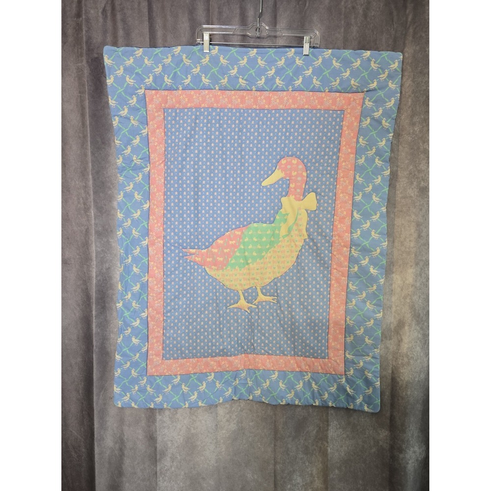 80s 90s Goose Quilt Wall Hanging Baby Blanket Applique Pastel Nursery Decor VTG